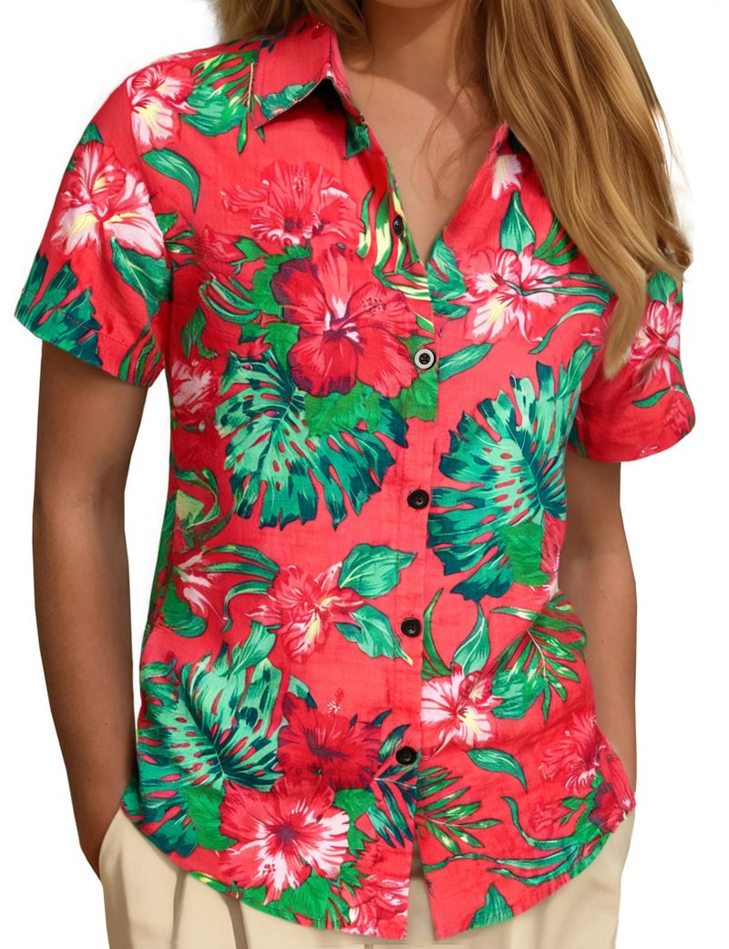 JOGAL Women's Floral Blouse Casual Button Down Short Sleeve Aloha Hawaiian Shirt X-Large CoralRed - Image 1